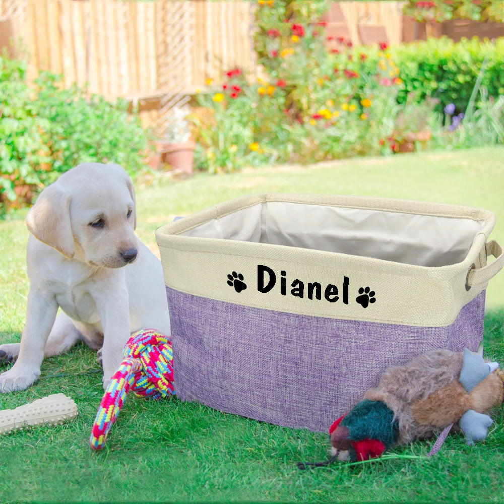 Personalized Dog Toy Storage Basket – Foldable Canvas Linen Storage Bin