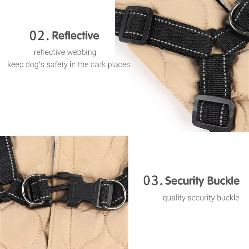 Dog harness with reflective webbing and security buckle on a beige background