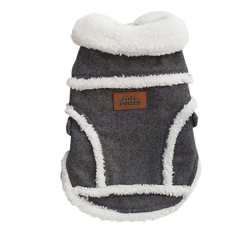 Gray dog coat with white trim and a brand label on a white background