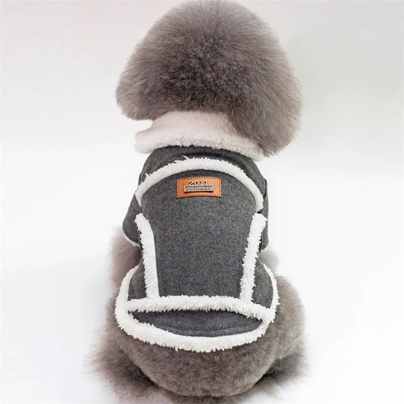 Dog wearing a gray and white fleece coat with a fluffy pom-pom on a white background