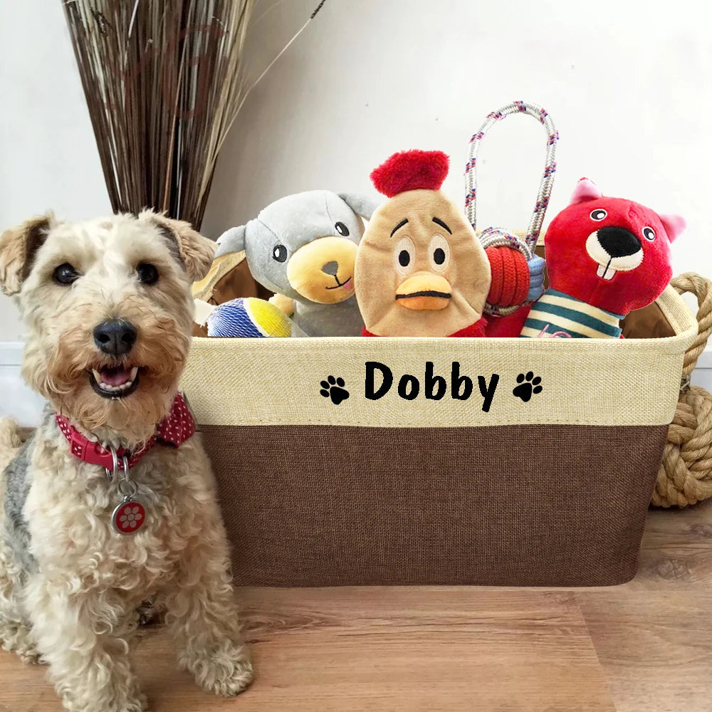 Personalized Dog Toy Storage Basket – Foldable Canvas Linen Storage Bin