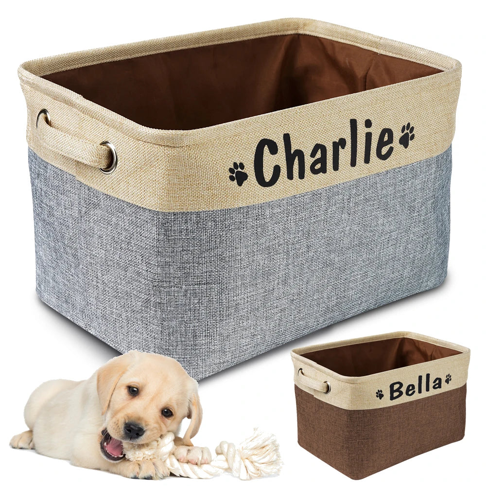 Personalized Dog Toy Storage Basket – Foldable Canvas Linen Storage Bin