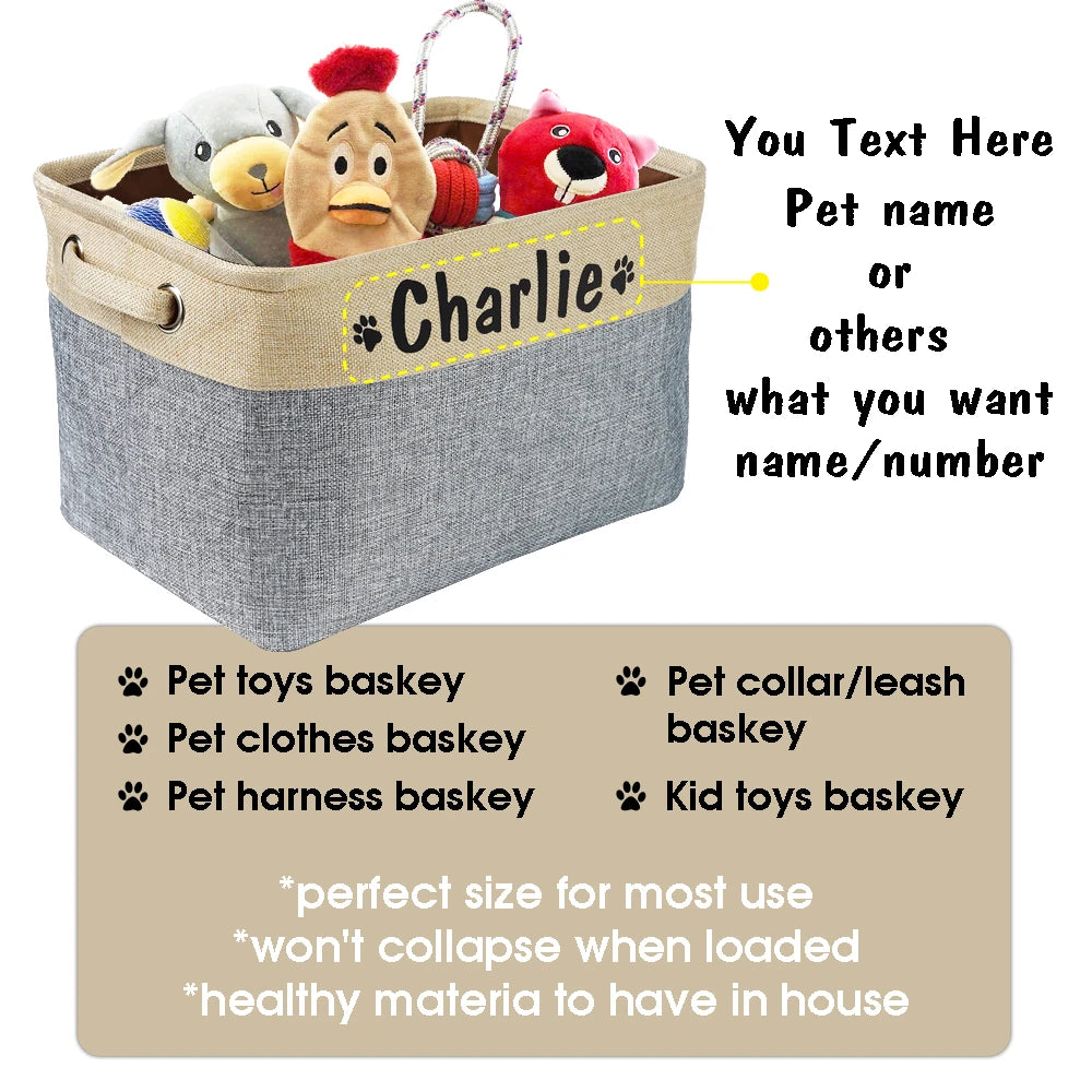 Personalized Dog Toy Storage Basket – Foldable Canvas Linen Storage Bin