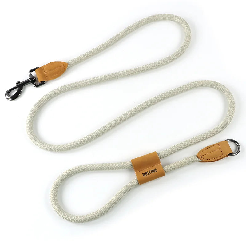 Dog leash with beige leather ends and clips on a white background