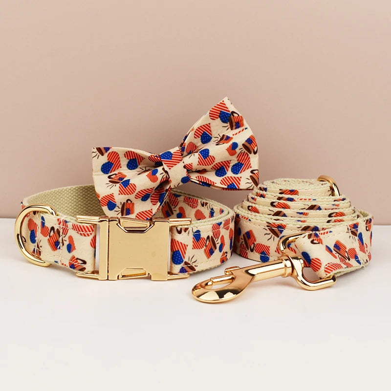 Dog collar, bow tie, and leash with colorful pattern on a beige background