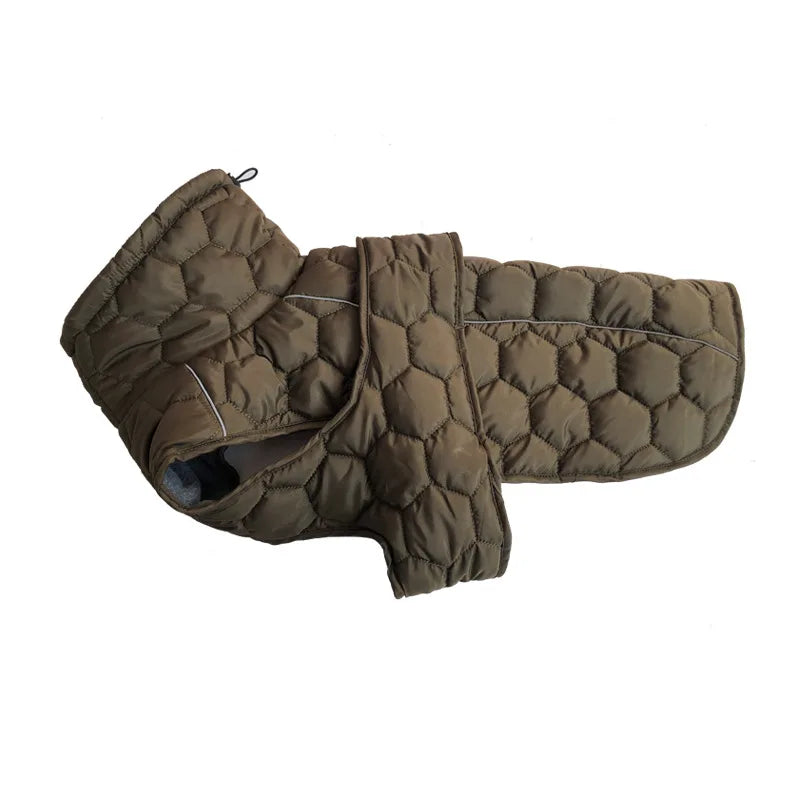 Brown quilted dog coat on a white background
