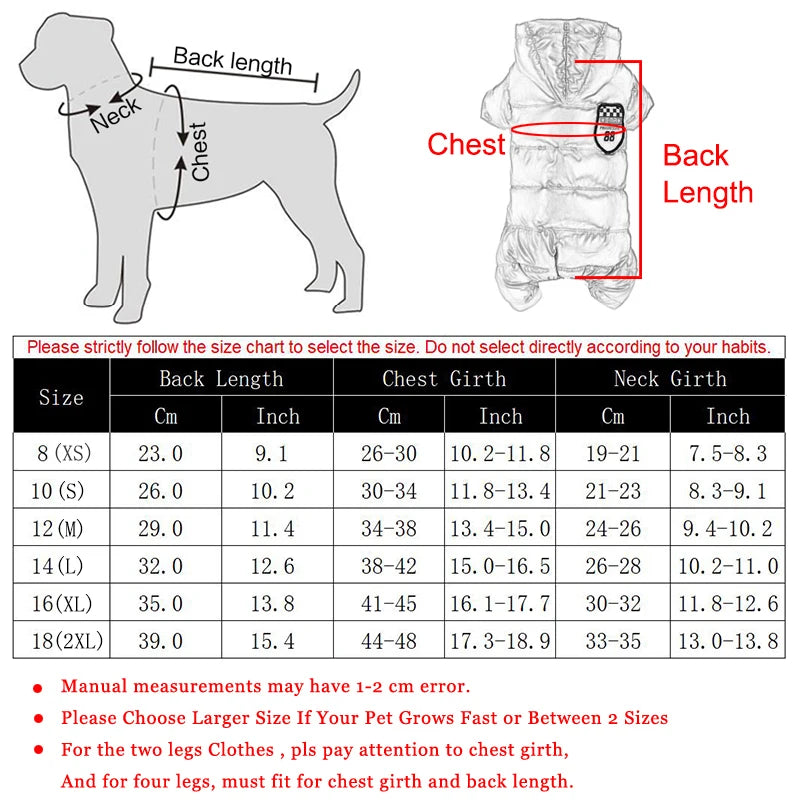 Dog clothing size chart with measurements and a diagram of a dog.