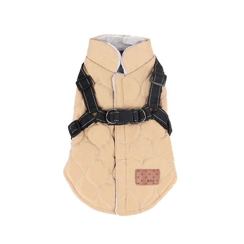 Beige dog coat with black harness on a white background