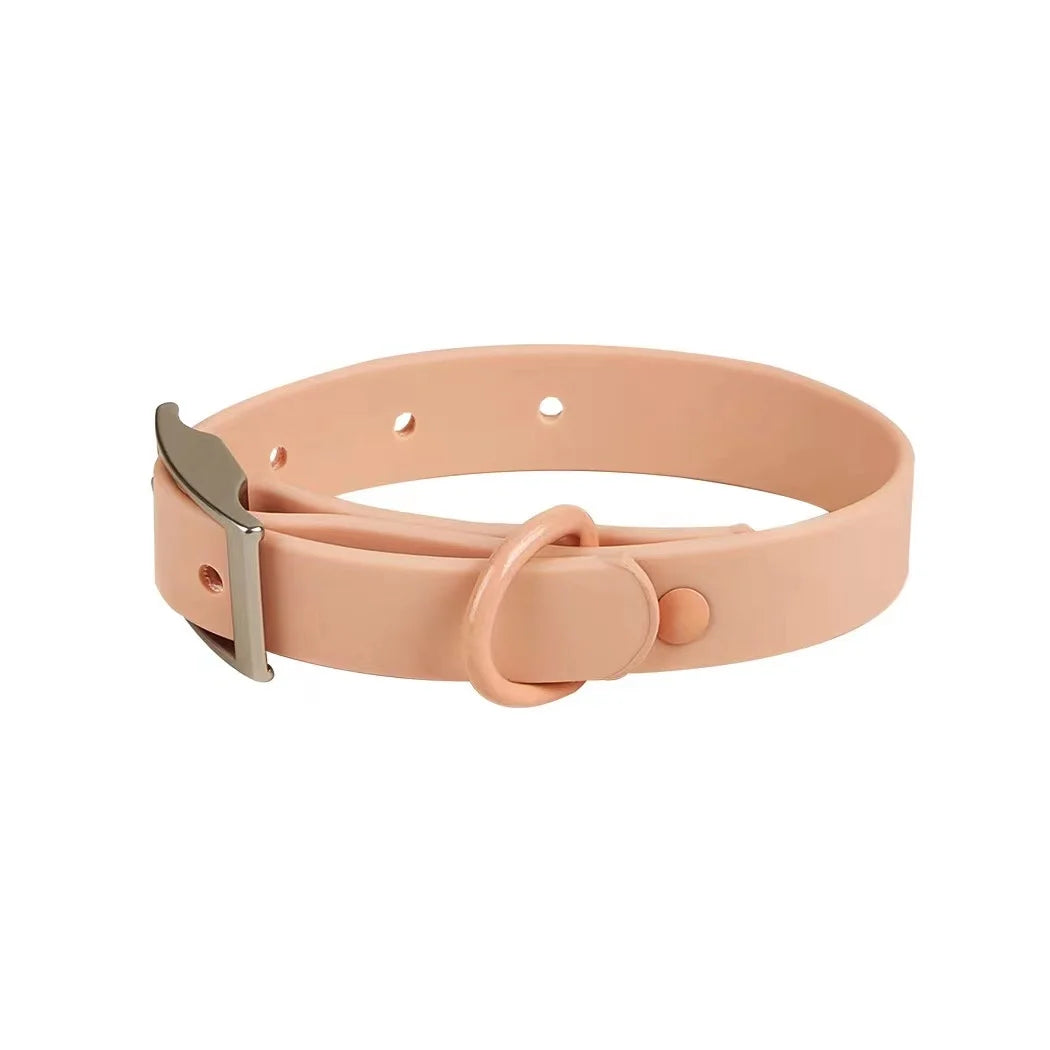 Beige dog collar with a metallic buckle on a white background