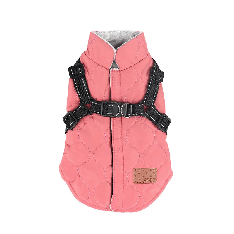 Pink dog coat with black harness on a white background