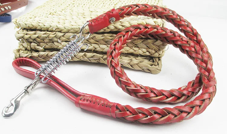 Braided Leather Dog Leash with Shock Absorber – Heavy-Duty Lead for Large Dogs