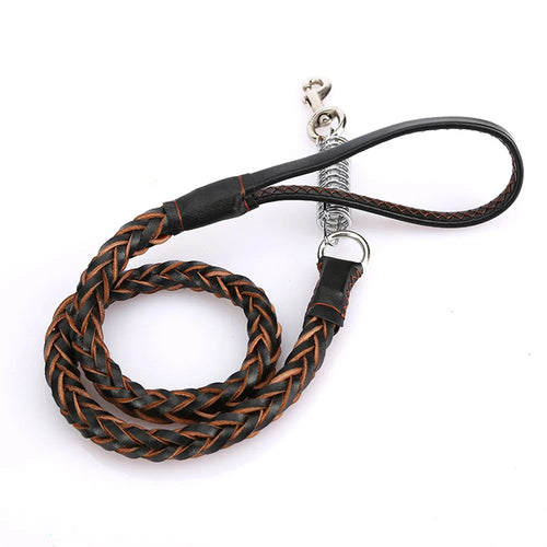 Braided Leather Dog Leash with Shock Absorber – Heavy-Duty Lead for Large Dogs