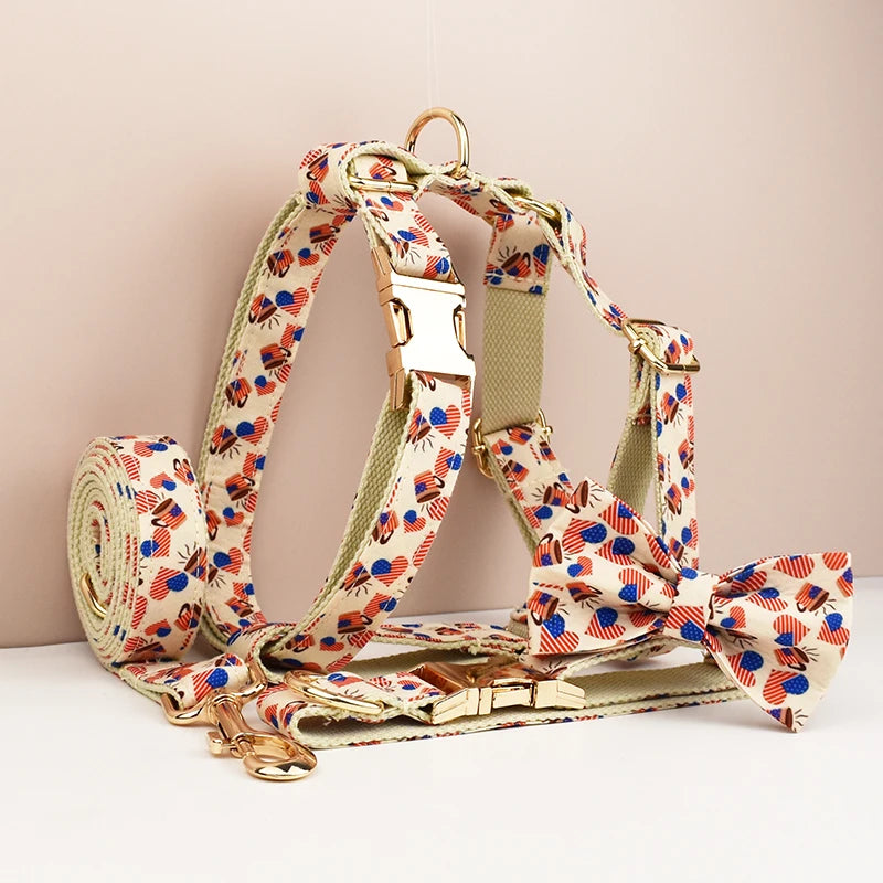 Dog harness and leash set with floral pattern on a light background