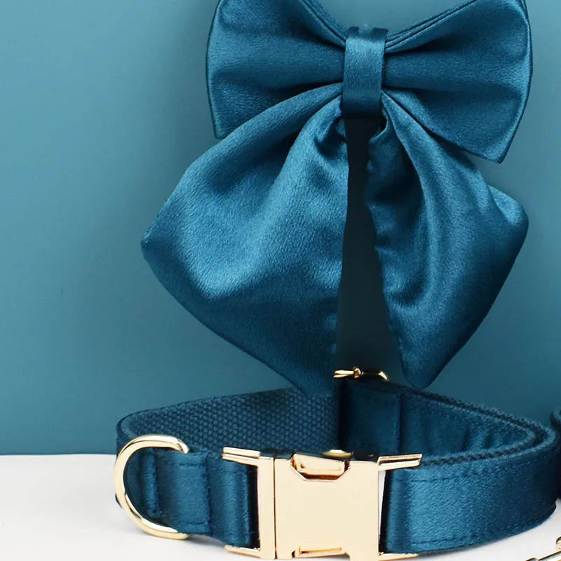 Designer Personalized Dog Collar & Leash Set – Custom Engraved with Detachable Bow Tie