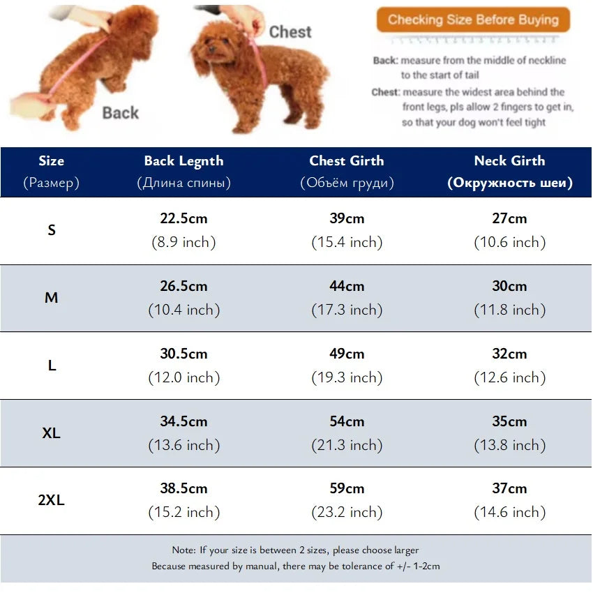 Size chart for dog collars with measurements in centimeters and inches.