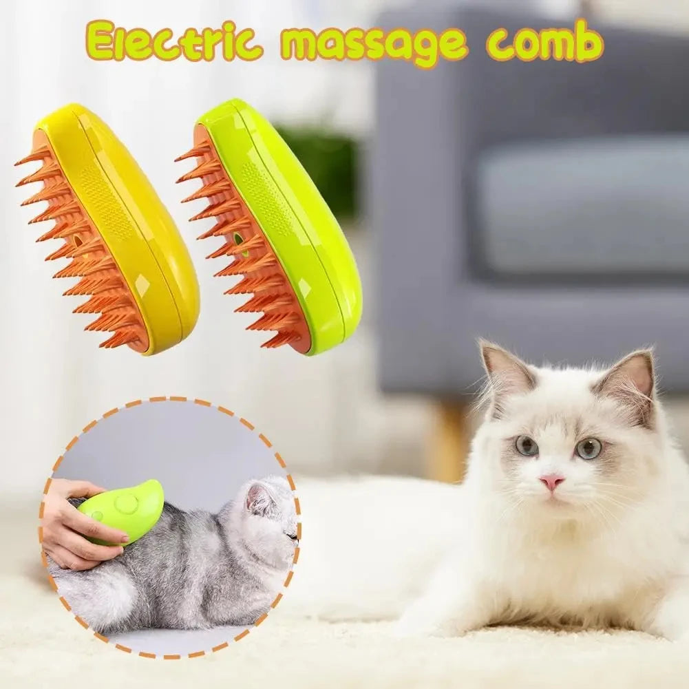 Electric massage comb for pets with a cat and close-up of use on a blurred background