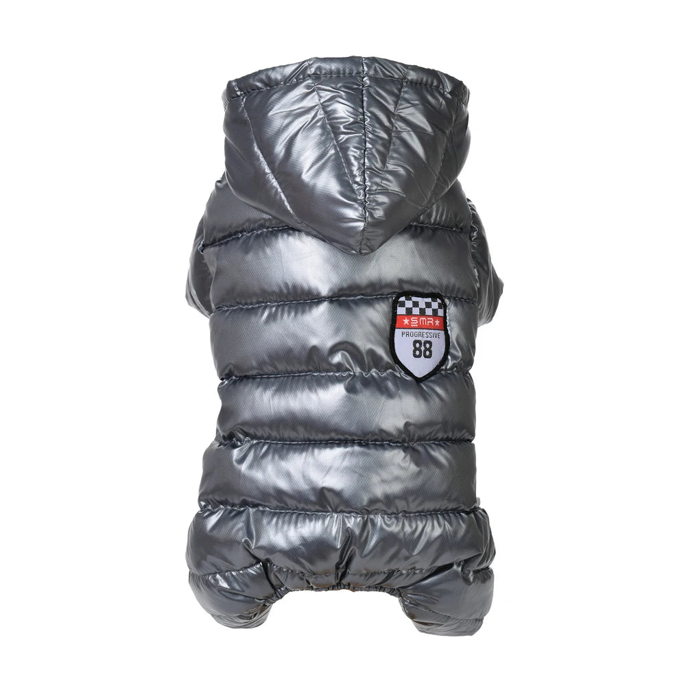 Silver puffer dog coat with a brand logo on a white background