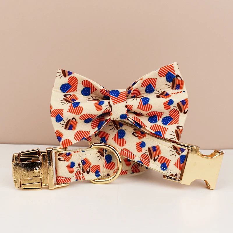 Dog collar with a bow tie featuring a colorful pattern on a beige background