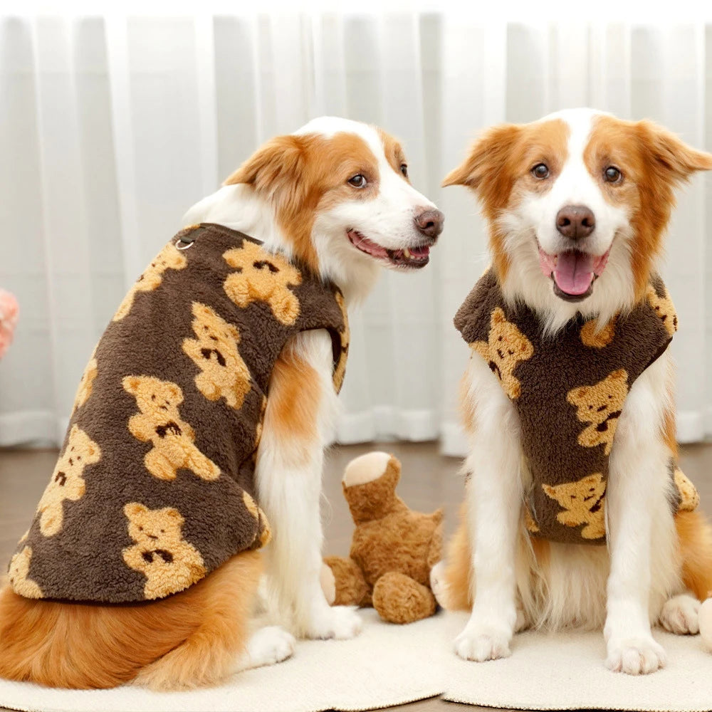 Two dogs wearing brown sweaters with teddy bear patterns sitting on a white floor.