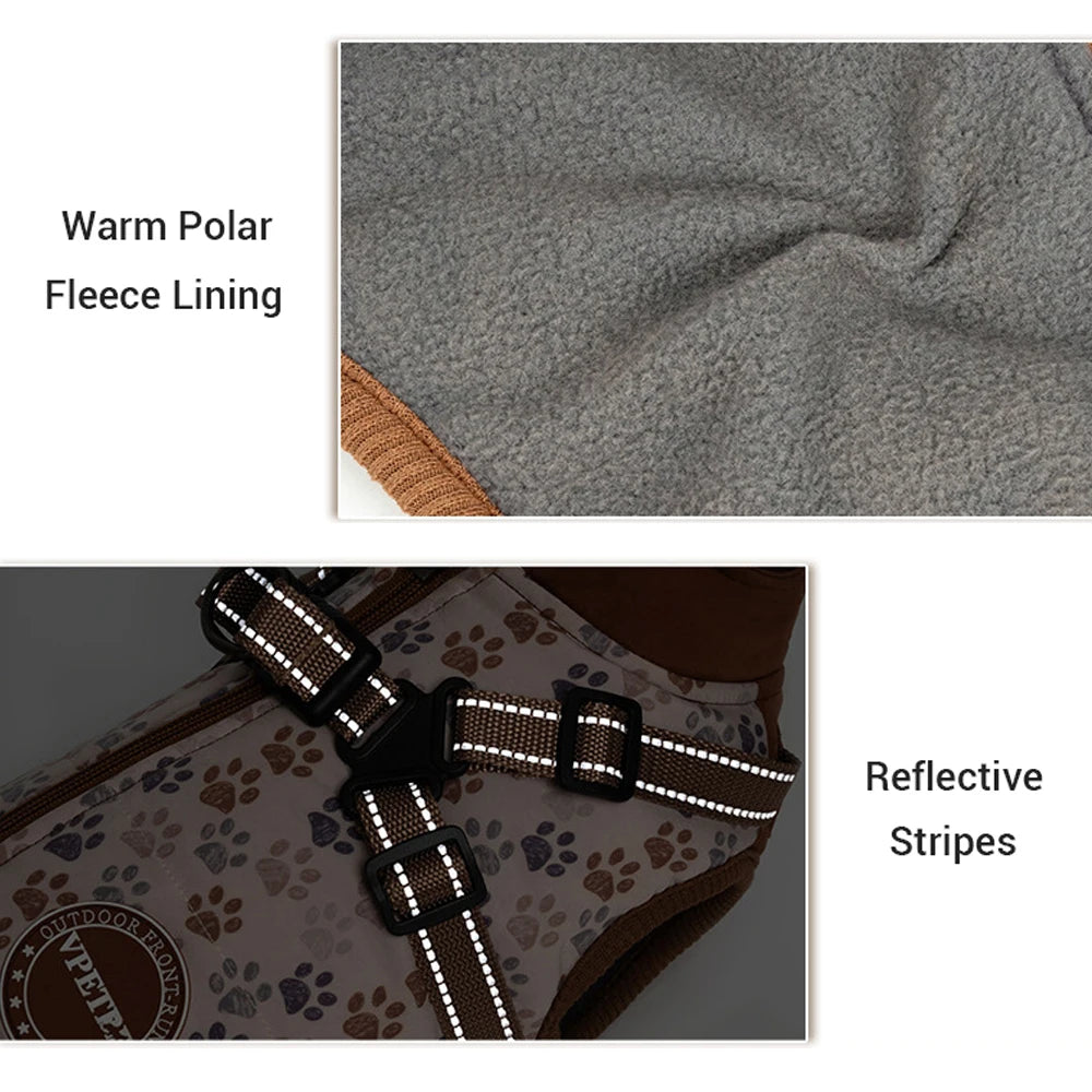 Dog coat with warm polar fleece lining and reflective stripes on a patterned background