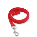 Red dog leash with a silver clip on a white background