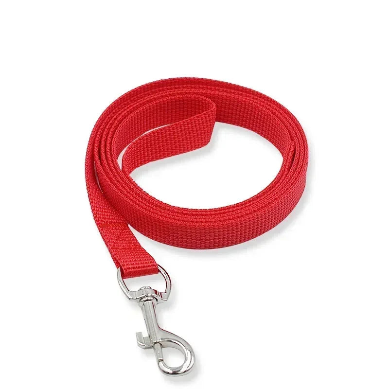 Red dog leash with a silver clip on a white background
