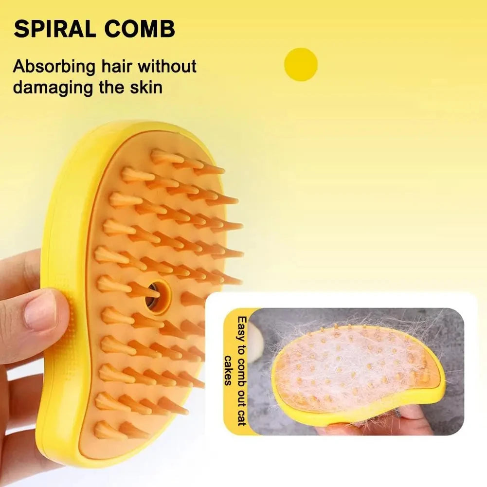 Yellow spiral comb for pets with text on a yellow background