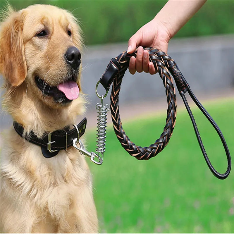 Braided Leather Dog Leash with Shock Absorber – Heavy-Duty Lead for Large Dogs