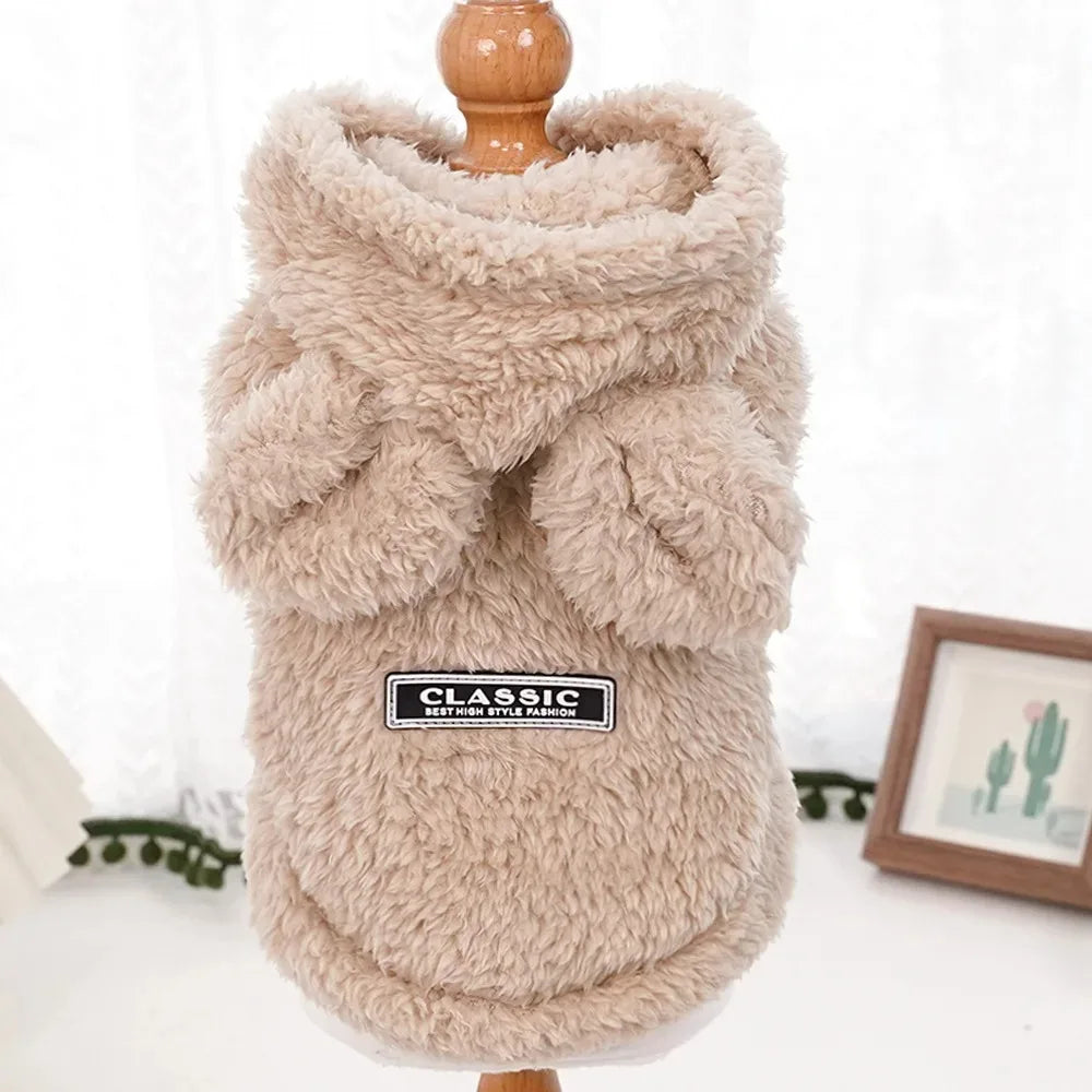 Fluffy beige pet sweater on a mannequin with a 'Classic' label against a white background.