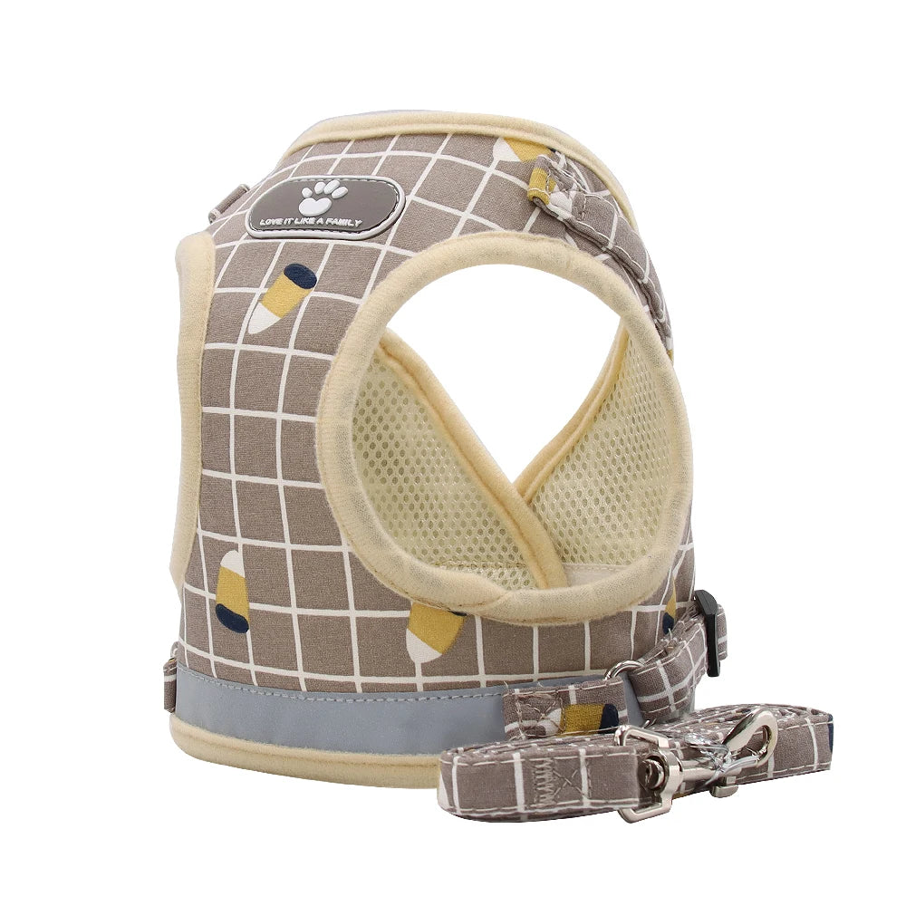 Dog harness and leash set with grid pattern on a white background