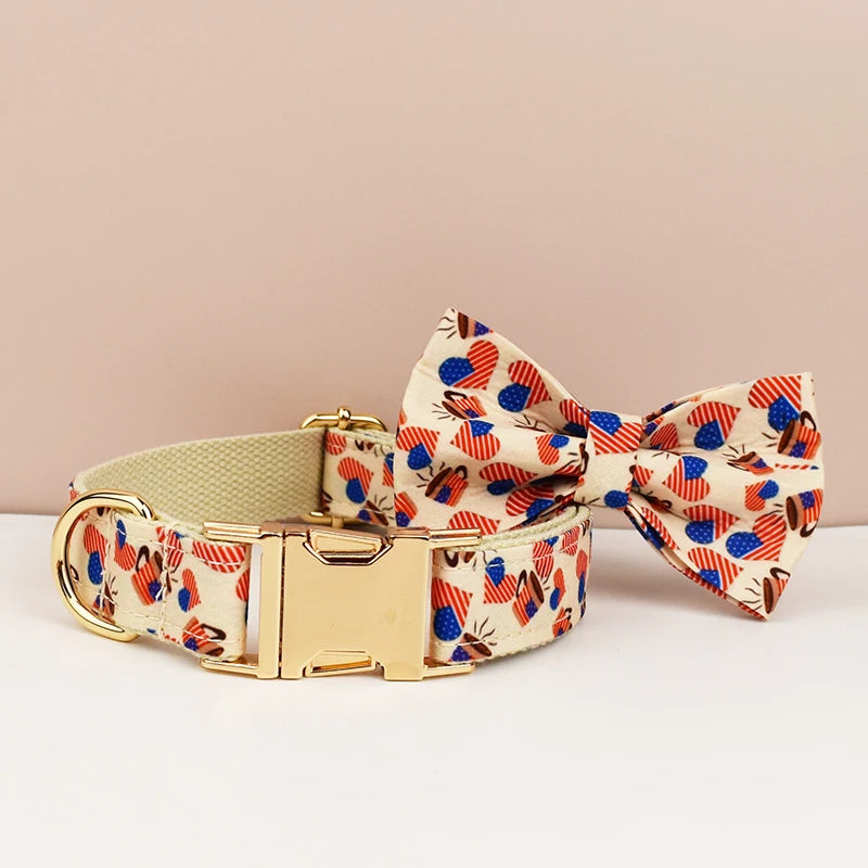Dog collar with a matching bow tie featuring a colorful pattern on a beige background