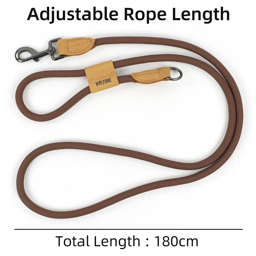 Brown dog leash with adjustable rope length on a white background