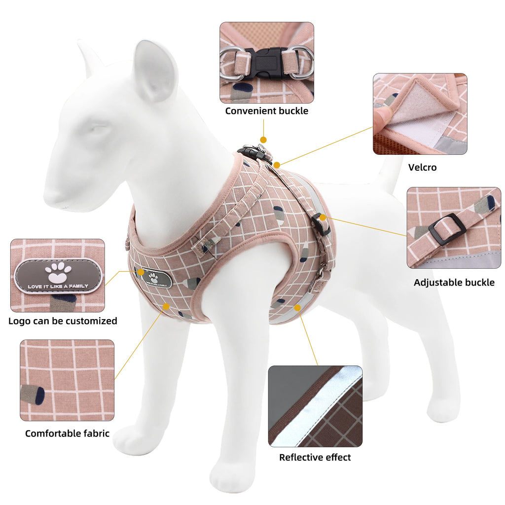 Dog harness on a mannequin with features highlighted on a white background