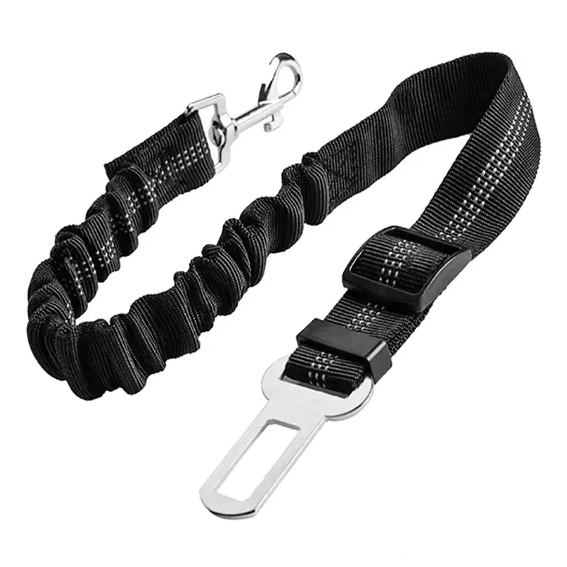 Black car seat belt extension with metal clip on a white background