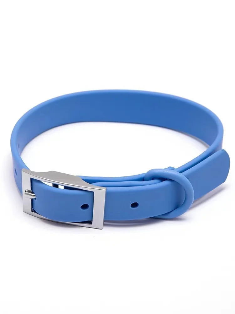 Blue dog collar with a silver buckle on a white background