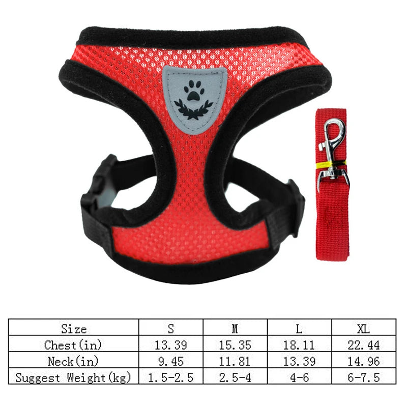 Red dog harness with black straps and a leash on a white background, featuring a size chart.