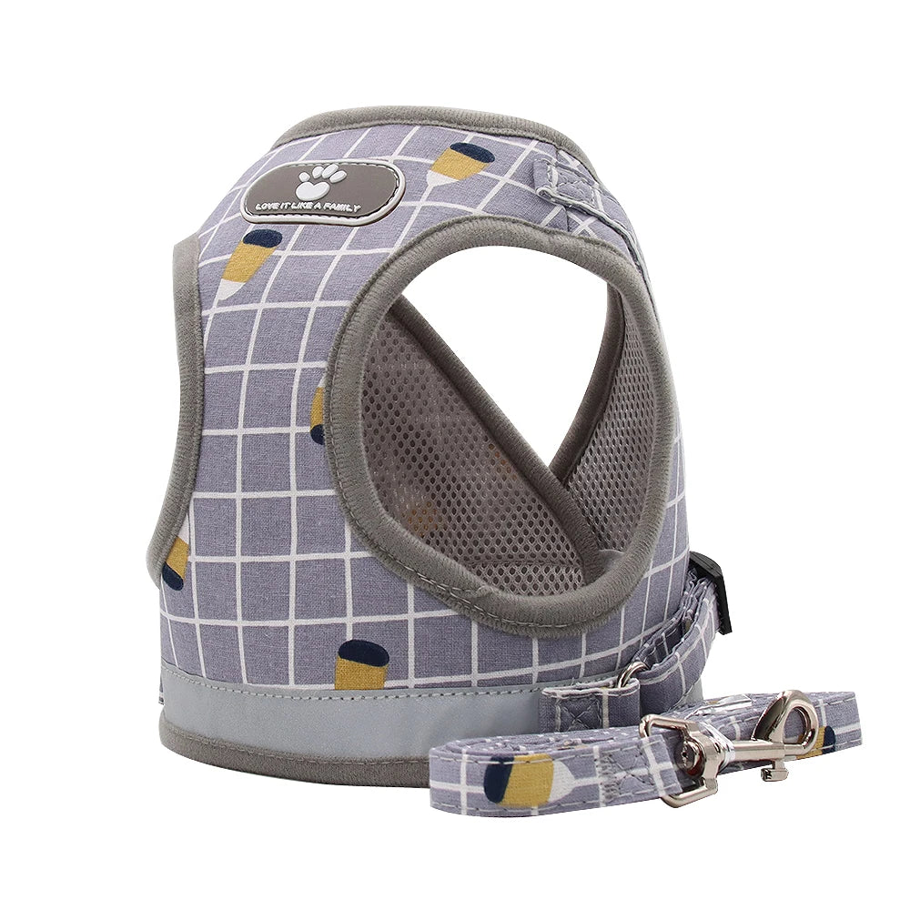 Pet harness and leash set with geometric pattern on a white background