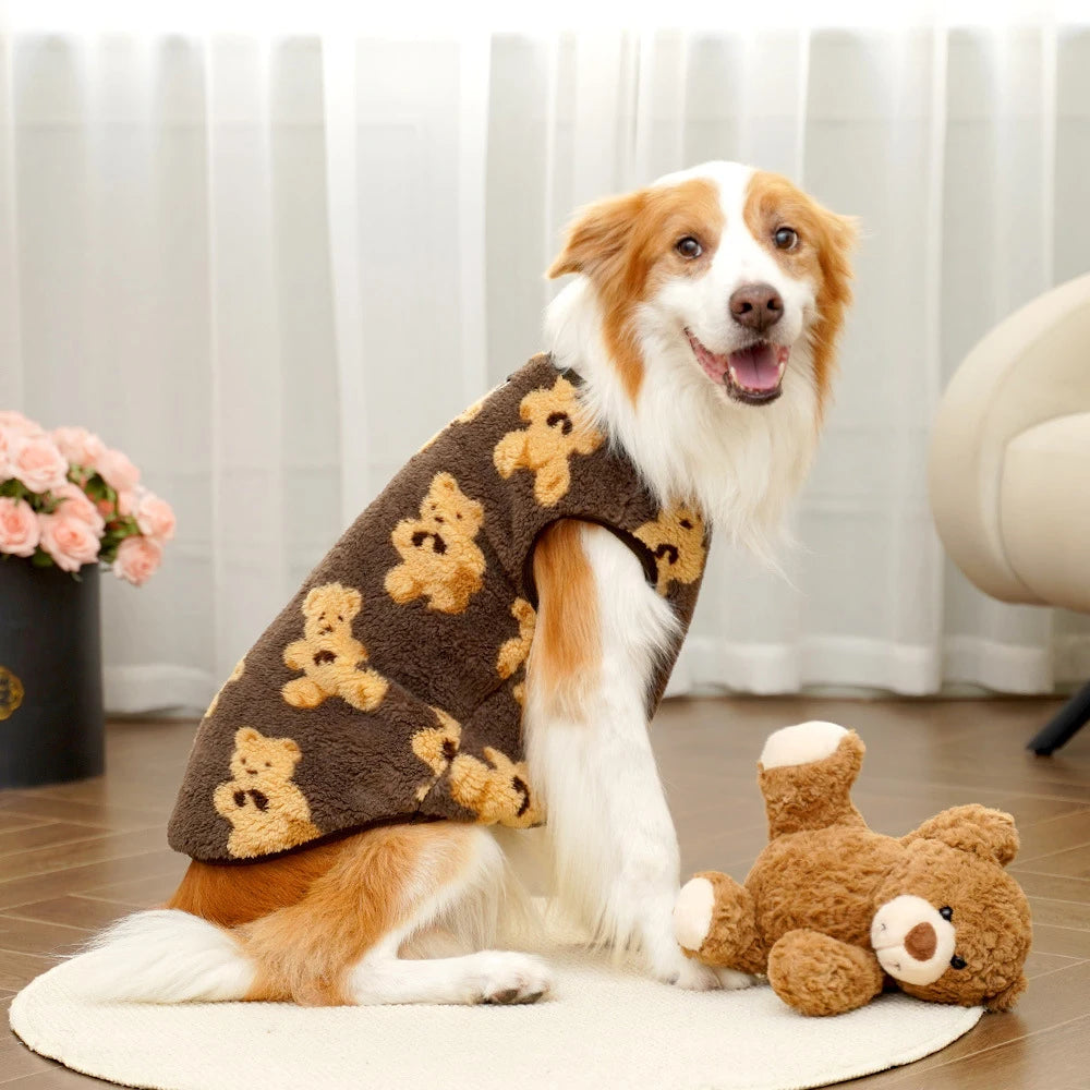 Dog wearing a brown sweater with teddy bear patterns, sitting on a wooden floor.