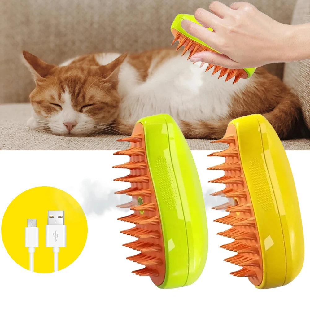 Two green and yellow pet grooming tools with a cat being groomed and a cable icon on a beige background.