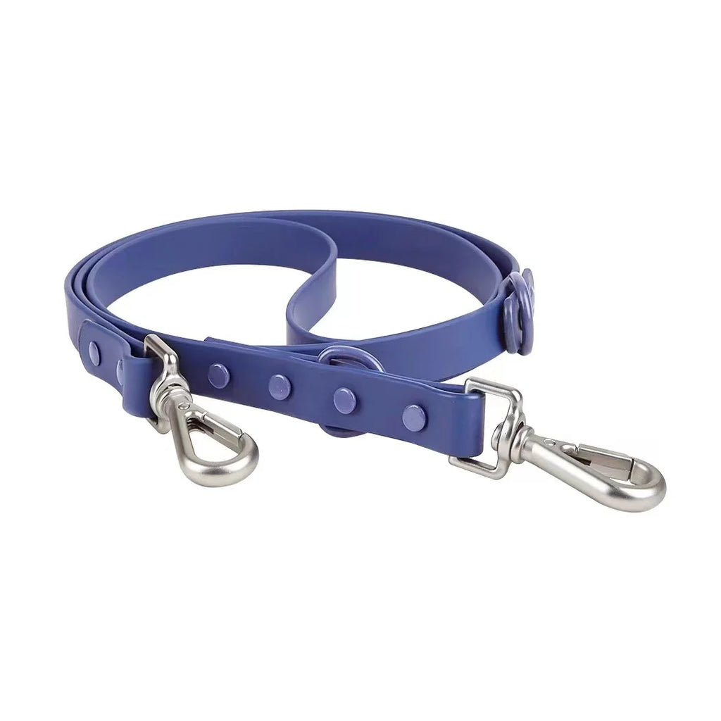 Blue dog leash with metal clips on a white background