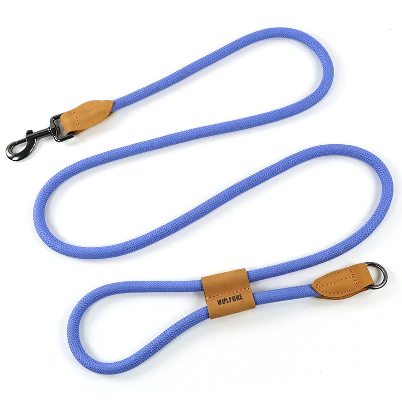Blue dog leash with brown leather ends on a white background