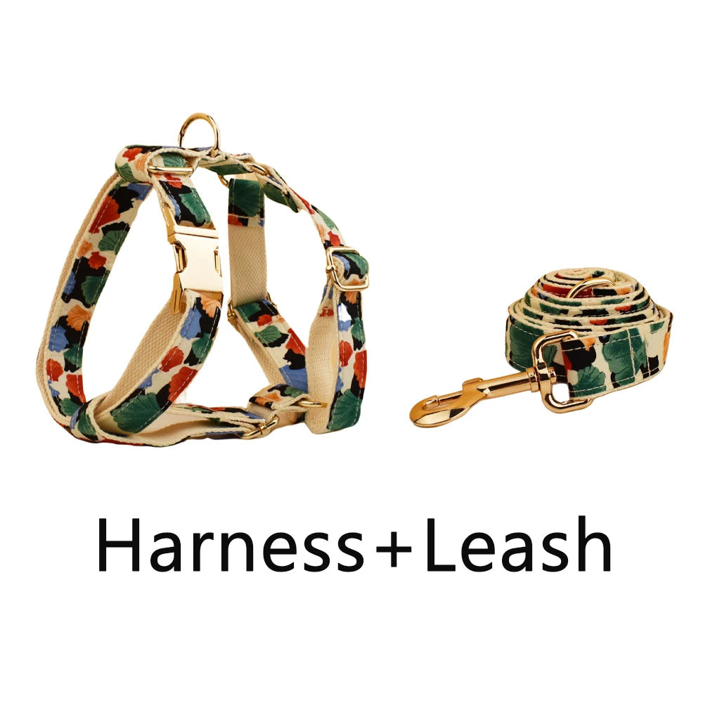 Dog harness and leash set with colorful pattern on a white background