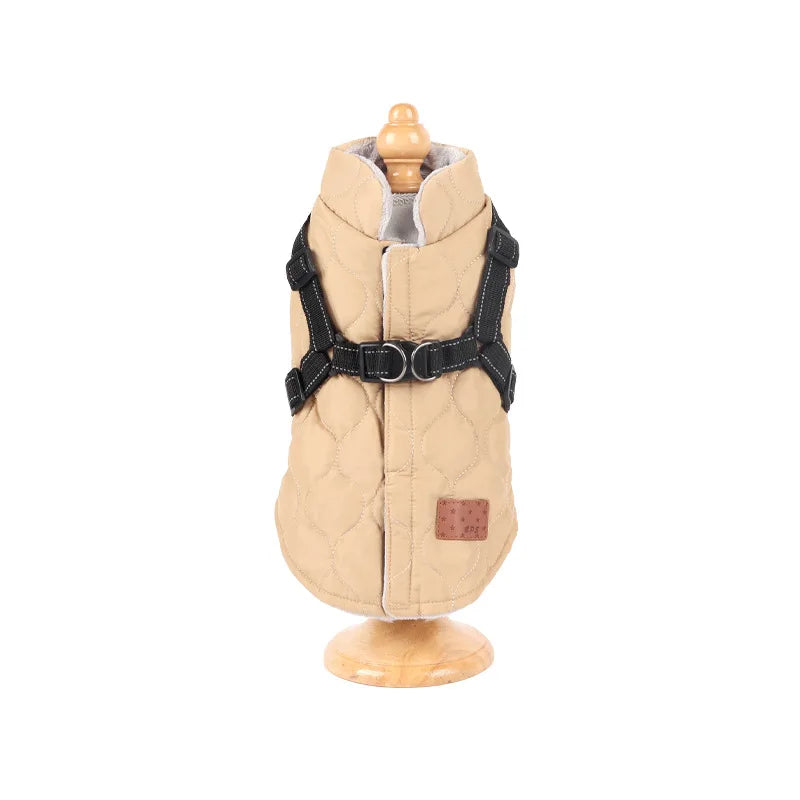 Beige dog coat with black harness on a mannequin against a white background