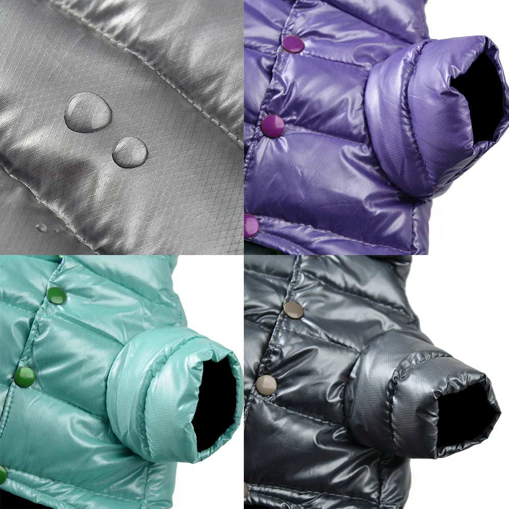 Collage of puffer jacket details including buttons and fabric texture in purple, green, and gray.