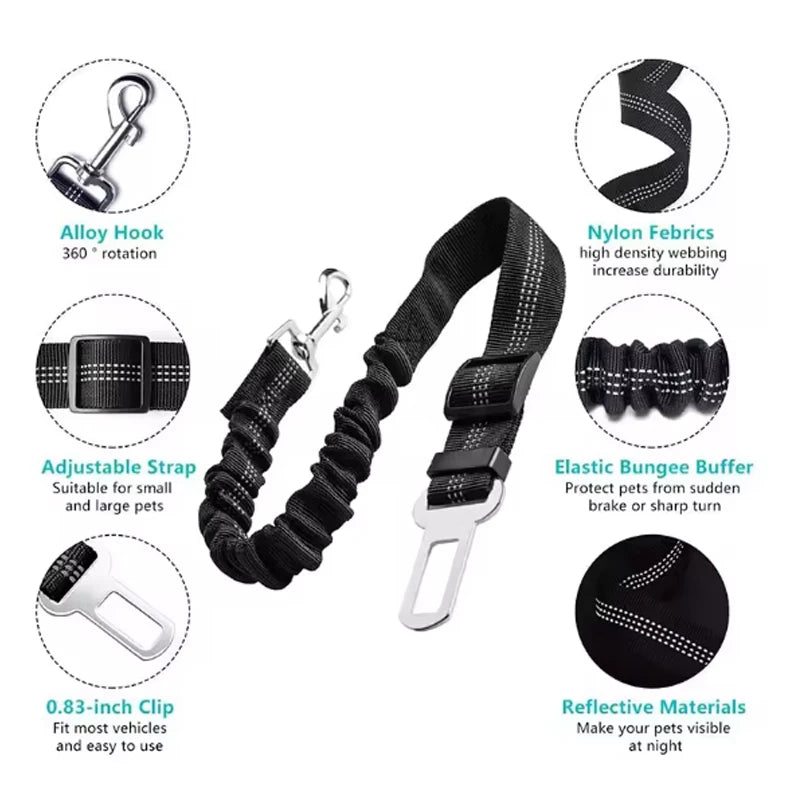 Dog car seat belt with features highlighted on a white background