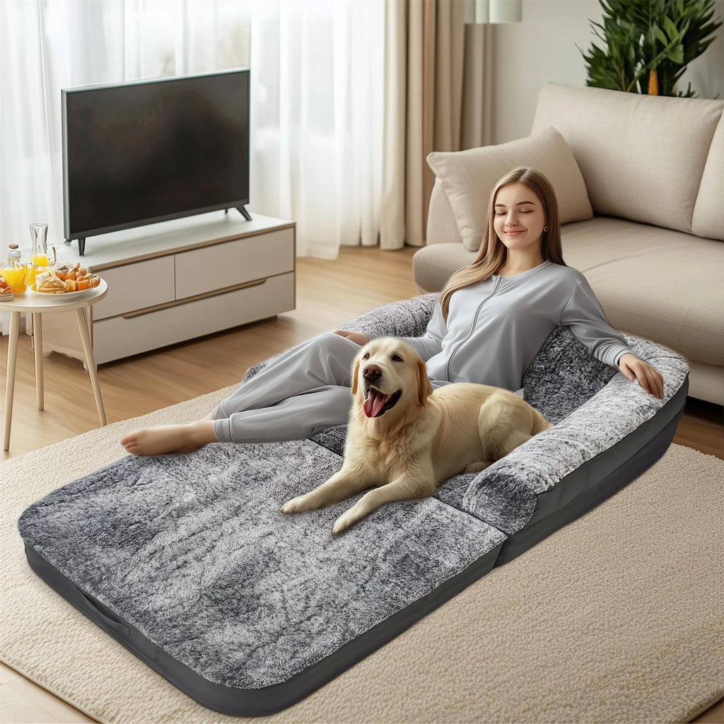 180cm Human Dog Bed for Adults & Pets – Foldable Orthopedic Plush Bed with Bolster