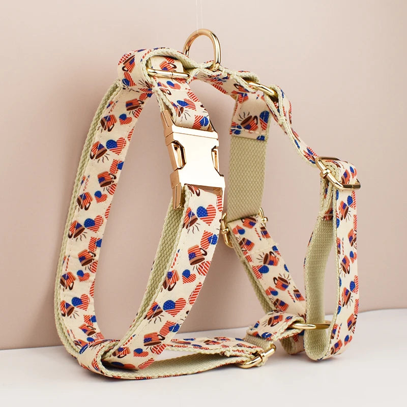 Dog harness with colorful pattern on a beige background