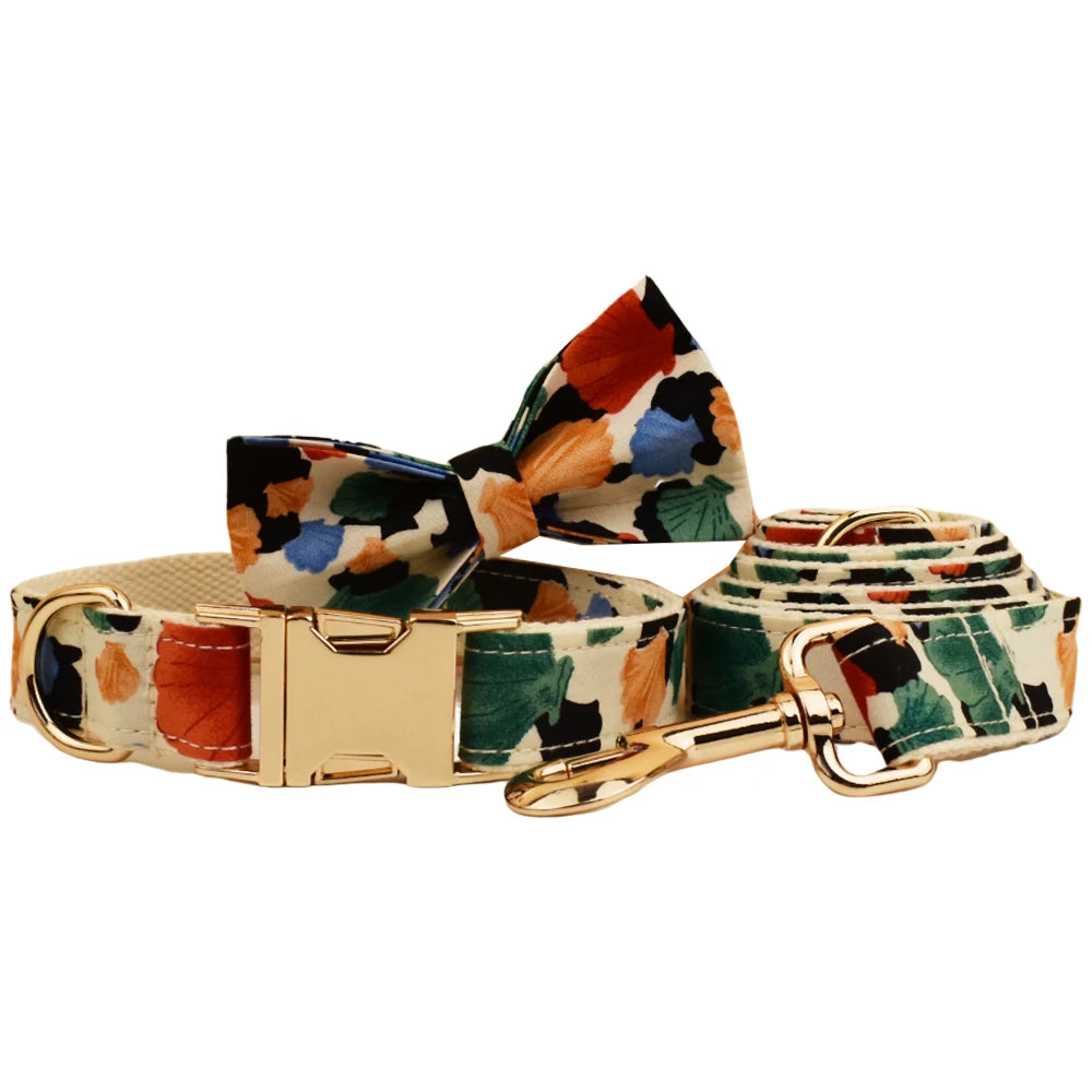 Dog collar and leash set with a colorful pattern on a white background