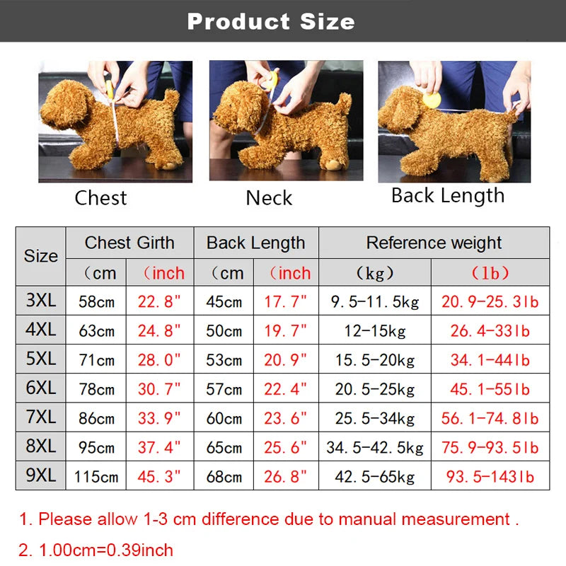 Product size chart for dog coats with measurements and reference weights.