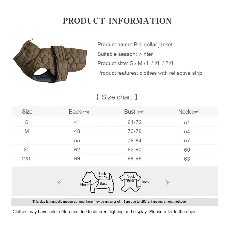Product information for a pile collar jacket with size chart on a white background